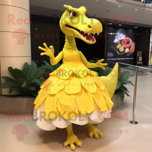 Lemon Yellow Spinosaurus mascot costume character dressed with a Evening Gown and Anklets