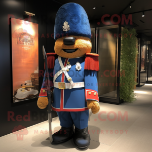 Rust British Royal Guard mascot costume character dressed with a Denim Shirt and Clutch bags