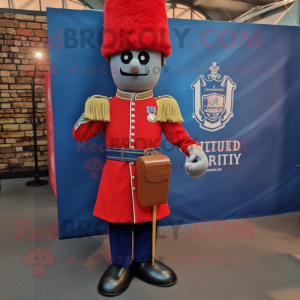 Rust British Royal Guard mascot costume character dressed with a Denim Shirt and Clutch bags