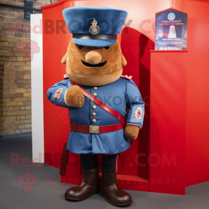 Rust British Royal Guard mascot costume character dressed with a Denim Shirt and Clutch bags