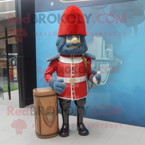 Rust British Royal Guard mascot costume character dressed with a Denim Shirt and Clutch bags