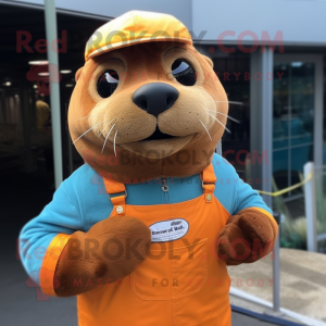 Rust Sea Lion mascot costume character dressed with a Overalls and Cufflinks