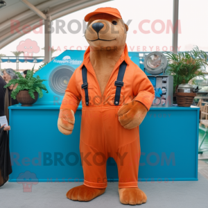 Rust Sea Lion mascot costume character dressed with a Overalls and Cufflinks