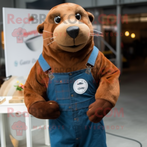 Rust Sea Lion mascot costume character dressed with a Overalls and Cufflinks