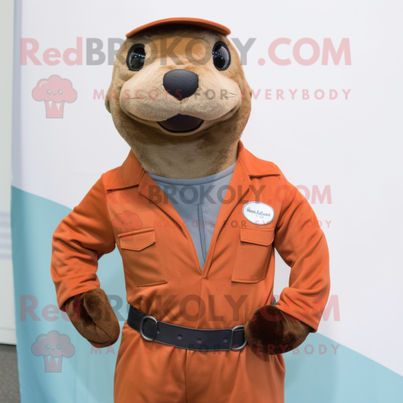 Rust Sea Lion mascot costume character dressed with a Overalls and Cufflinks Rust Sea Lion mascot costume character dressed with a Overalls and Cufflinks