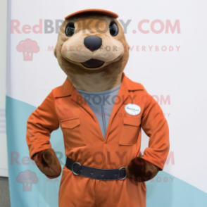 Rust Sea Lion mascot costume character dressed with a Overalls and Cufflinks