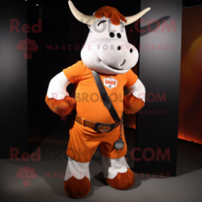 Orange Hereford Cow mascot costume character dressed with a V-Neck Tee and Suspenders