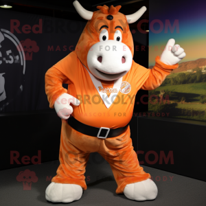 Orange Hereford Cow mascot costume character dressed with a V-Neck Tee and Suspenders