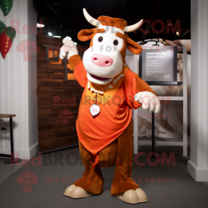 Orange Hereford Cow mascot costume character dressed with a V-Neck Tee and Suspenders