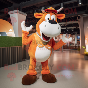 Orange Hereford Cow mascot costume character dressed with a V-Neck Tee and Suspenders