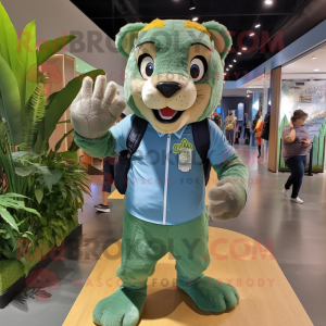 Green Saber-Toothed Tiger mascot costume character dressed with a Chambray Shirt and Backpacks