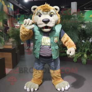 Green Saber-Toothed Tiger mascot costume character dressed with a Chambray Shirt and Backpacks