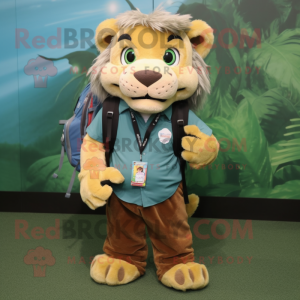 Green Saber-Toothed Tiger mascot costume character dressed with a Chambray Shirt and Backpacks