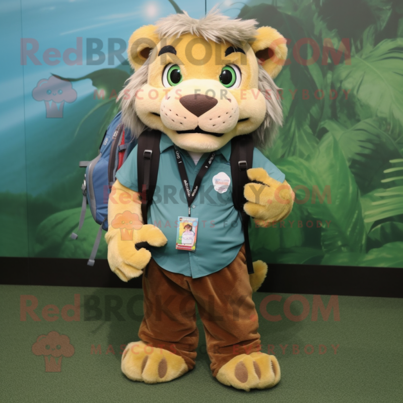Green Saber-Toothed Tiger mascot costume character dressed with a Chambray Shirt and Backpacks