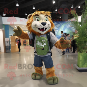 Green Saber-Toothed Tiger mascot costume character dressed with a Chambray Shirt and Backpacks