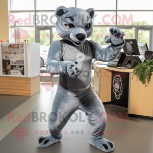 Gray Panther mascot costume character dressed with a Romper and Headbands