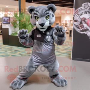 Gray Panther mascot costume character dressed with a Romper and Headbands