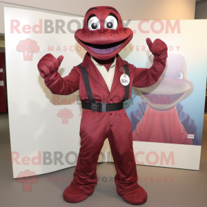 Maroon Snake mascot costume character dressed with a Suit and Belts