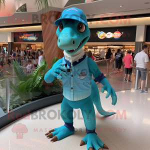 Turquoise Deinonychus mascot costume character dressed with a Rash Guard and Suspenders