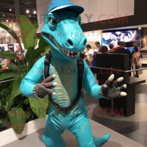 Turquoise Deinonychus mascot costume character dressed with a Rash Guard and Suspenders