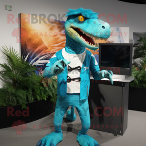 Turquoise Deinonychus mascot costume character dressed with a Rash Guard and Suspenders