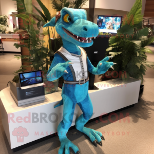 Turquoise Deinonychus mascot costume character dressed with a Rash Guard and Suspenders