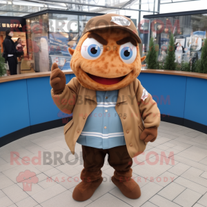 Brown Fish And Chips mascot costume character dressed with a Windbreaker and Berets