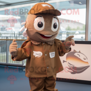 Brown Fish And Chips mascot costume character dressed with a Windbreaker and Berets