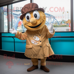 Brown Fish And Chips mascot costume character dressed with a Windbreaker and Berets