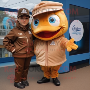 Brown Fish And Chips mascot costume character dressed with a Windbreaker and Berets