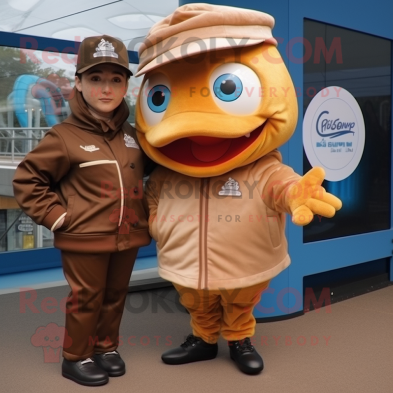 Brown Fish And Chips mascot costume character dressed with a Windbreaker and Berets Brown Fish And Chips mascot costume character dressed with a Windbreaker and Berets