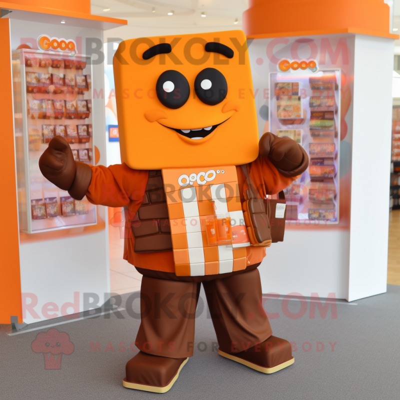 Orange Chocolate Bar mascot costume character dressed with a Oxford Shirt and Bracelets