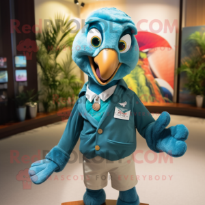 Teal Macaw mascot costume character dressed with a Henley Tee and Pocket squares