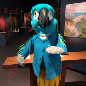 Teal Macaw mascot costume character dressed with a Henley Tee and Pocket squares