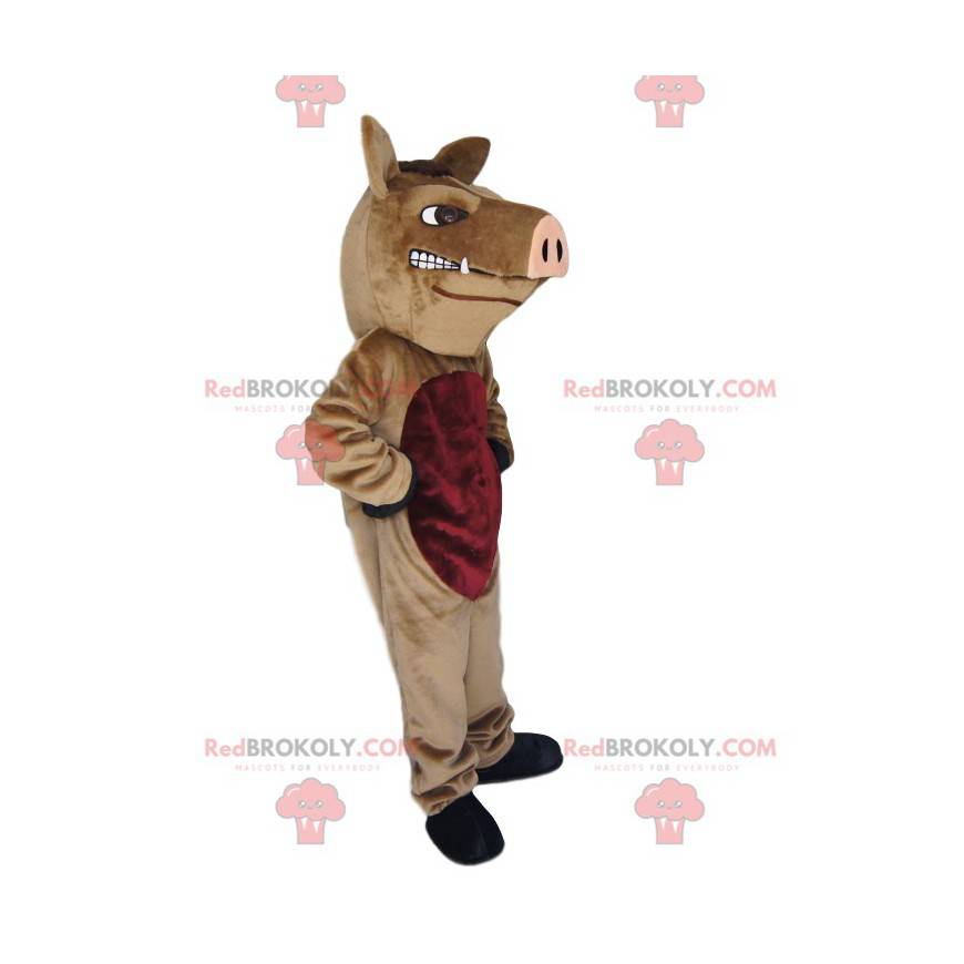 Aggressive brown boar mascot with its pink snout -