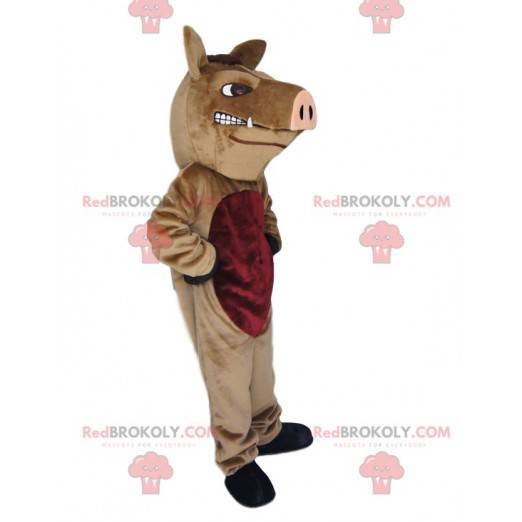 Aggressive brown boar mascot with its pink snout -