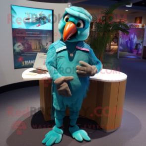 Teal Macaw mascot costume character dressed with a Henley Tee and Pocket squares