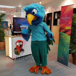 Teal Macaw mascot costume character dressed with a Henley Tee and Pocket squares