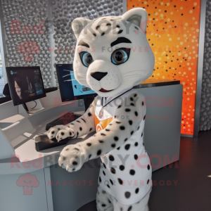 Silver Cheetah mascot costume character dressed with a Pencil Skirt and Keychains