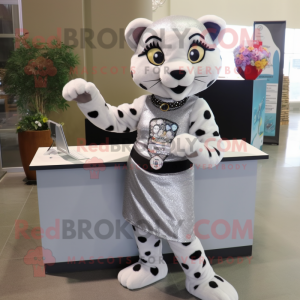 Silver Cheetah mascot costume character dressed with a Pencil Skirt and Keychains