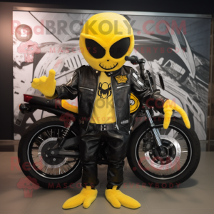 Yellow Spider mascot costume character dressed with a Biker Jacket and Beanies