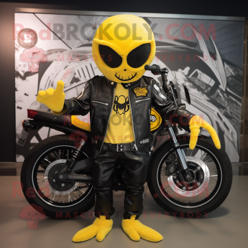 Yellow Spider mascot costume character dressed with a Biker Jacket and Beanies Yellow Spider mascot costume character dressed with a Biker Jacket and Beanies