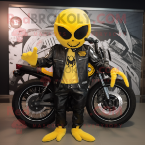 Yellow Spider mascot costume character dressed with a Biker Jacket and Beanies