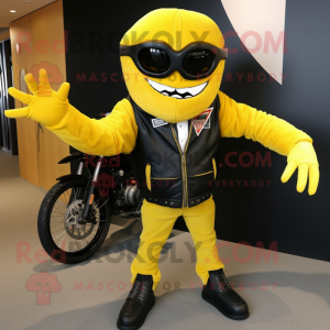 Yellow Spider mascot costume character dressed with a Biker Jacket and Beanies