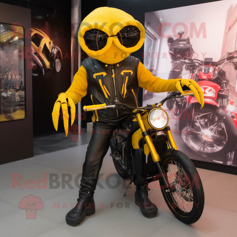 Yellow Spider mascot costume character dressed with a Biker Jacket and Beanies