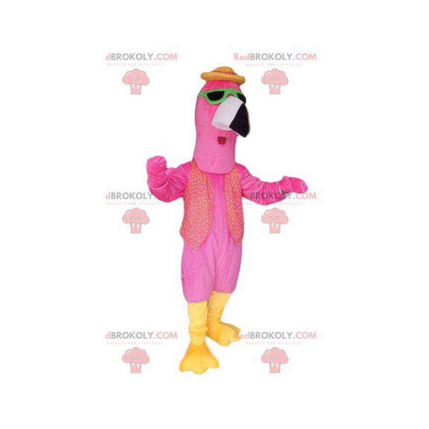 Pink flamingo mascot with green sunglasses - Redbrokoly.com