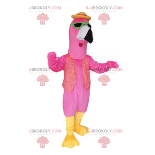 Pink flamingo mascot with green sunglasses - Redbrokoly.com