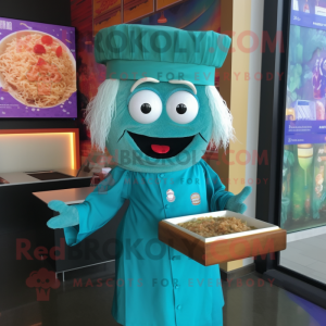 Turquoise Pad Thai mascot costume character dressed with a Dress Shirt and Brooches