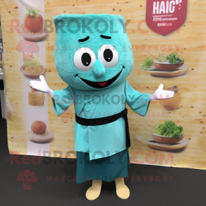 Turquoise Pad Thai mascot costume character dressed with a Dress Shirt and Brooches