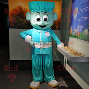 Turquoise Pad Thai mascot costume character dressed with a Dress Shirt and Brooches